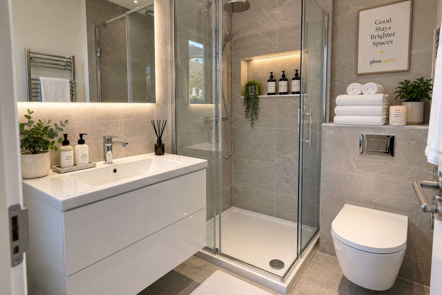 A reset bathroom with folded towels and toiletries in a London Airbnb