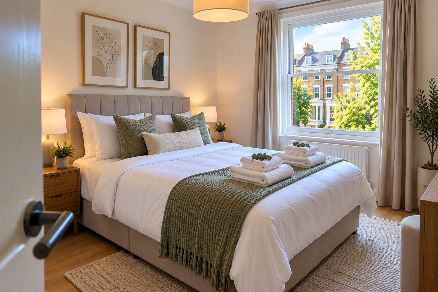 A London short let bedroom made up with fresh linen and towels for the next guest