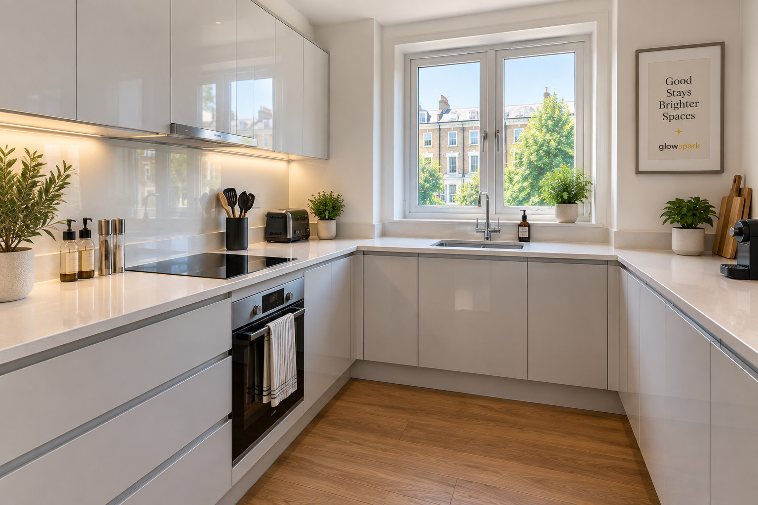 A cleared and cleaned kitchen in a London short let after a turnaround