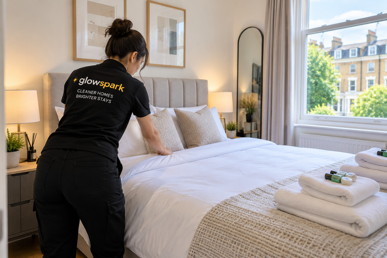 A GlowSpark cleaner making up the bed during an Airbnb changeover in London