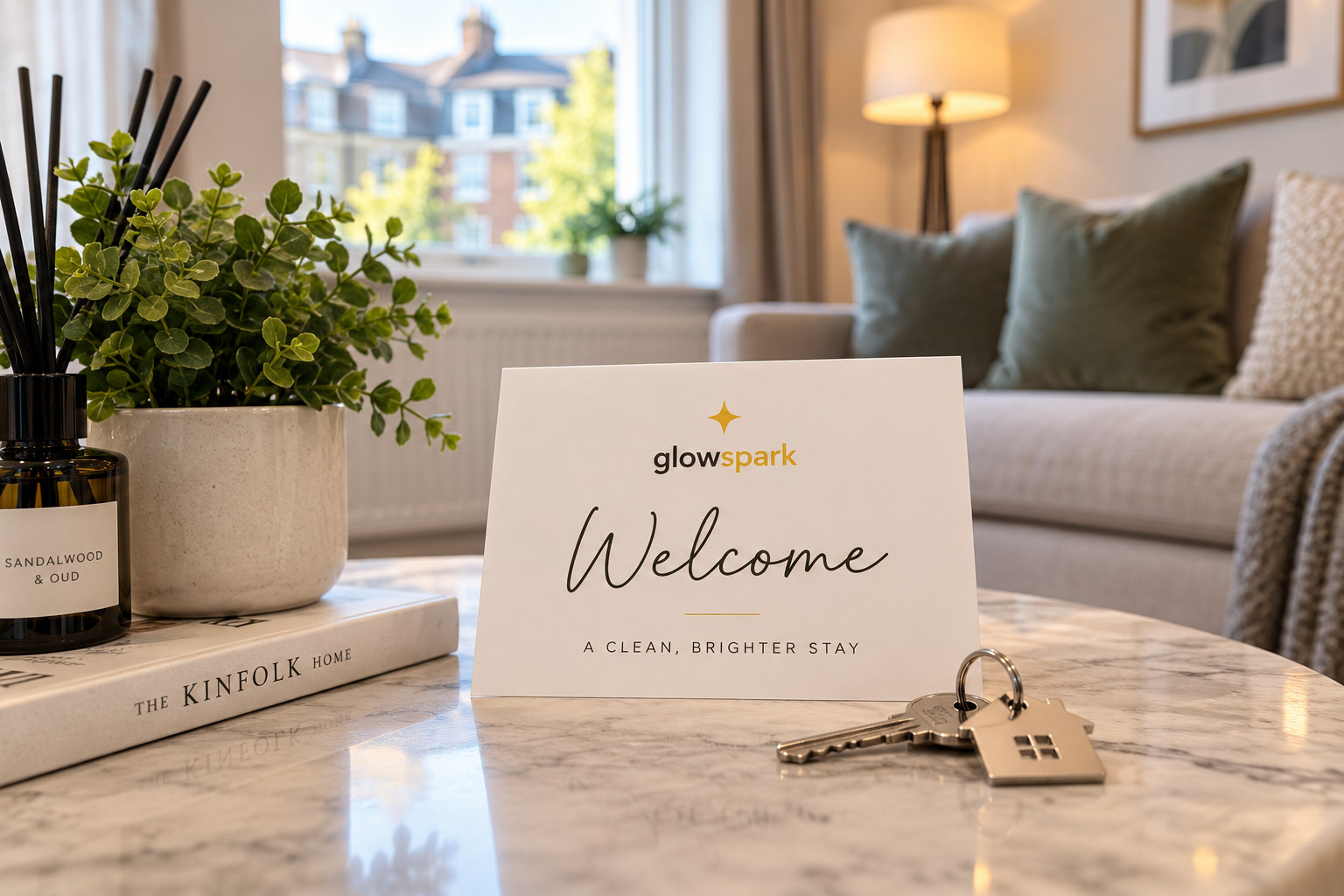 Keys and a GlowSpark welcome card left out on the table for an arriving guest
