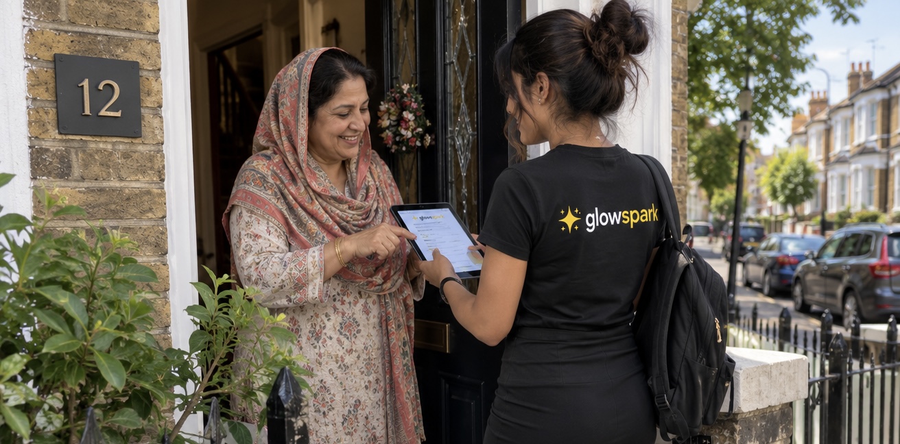 A GlowSpark team member signing a customer up on a tablet at her front door in London